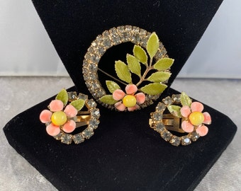 Lovely Vintage Hobé Floral Demi Parure from 1966 - Round Brooch and Earrings Set - Sparkling Gray Rhinestones - So Lovely! 2169