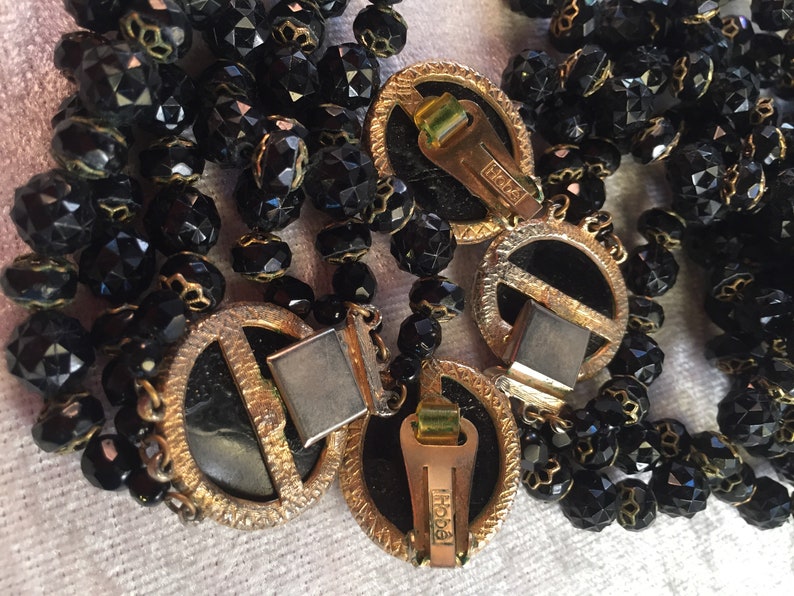 3-Piece Set Earrings 3-Strand Necklace Bracelet Vintage Hob\u00e9 Black Dimpled Bead and Metallic Parure Rhinestone Surrounds 1950s 1887