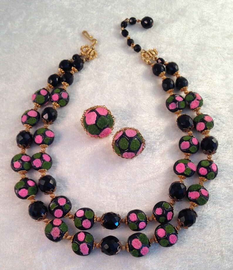 546 Necklace Earrings Old Hob\u00e9 Demi Parure of Faceted Jet Black Glass and Pink Green Painted Beads