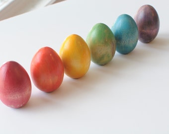 Rainbow wooden eggs set, Multi colored wood shape set, sensory bin, pretend play, outdoor kitchen, play food, easter