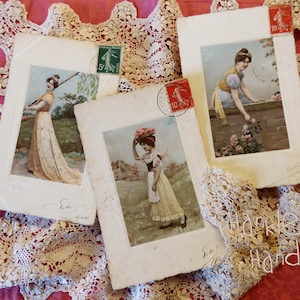 Tre antiche cartoline francesi con ragazze neoclassiche 1908 - scrapbooking - effimera - cartolina antica - edoardiana - da collezione - shabbychic