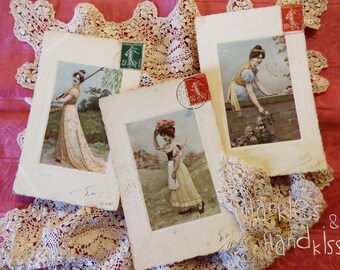 Three antique French Postcards with Necoclasical girls 1908 - scrap booking - ephemera - antique card - edwardian - collectible - shabbychic