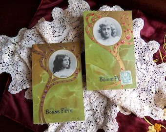 2 antieke Franse ansichtkaarten, ephemera portret - scrapbookingateliers - antieke kaart - edwardian collectibles - reliëf