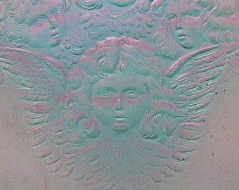 Antieke Franse ansichtkaart met reliëf – Edwardiaanse engelen, kortstondige scrapbooking