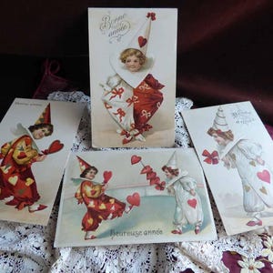 Lot of 4 Antique French postcards 1900s Victorian Harlequin - ephemera - antique postcard - shabbychic - Edwardian cards - antique postcards