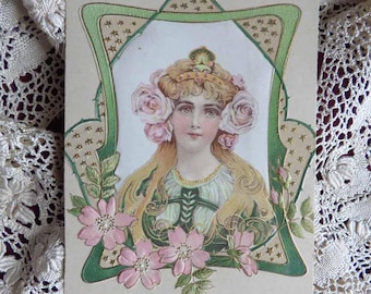 Antieke art-nouveaubriefkaart – dame met rozen in reliëf, kortstondige jaren 1900