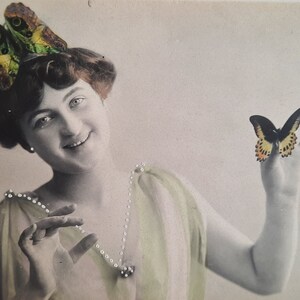 2 Antique Postcards, France 1900s. Butterfly headdress - colored photo - edwardian butterfly - butterfly headdress - edwardian costume