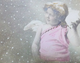 Antique French Christmas Postcard – Angel, Snowy Scene, 1900s