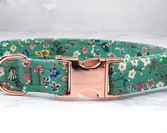 Green Dog Collar, Liberty of London, Tana Lawn, Dog Collar, Puppy Collar, Collar and Lead, Dog Collar and Lead, Metal Side Release Buckle,