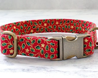 Dog Collar, Dog Christmas, Red Holly, Red Dog Collar, Small Dog Collar, Dog Lead, Xmas Dog, Festive Collar, Christmas Gift, Dog Present, UK