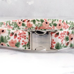 Peach Floral Dog Collar with Metal Buckle: Rifle Paper Co. Style