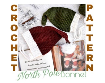 Santa Bonnet Crochet Pattern, elf hat pattern, christmas crochet pattern, santa hat crochet pattern, crochet pattern santa, santa bonnet hat