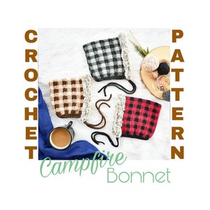 May include: Three crocheted hats in black and white, brown and white, and red and white plaid patterns. The hats have a white crocheted trim and are arranged on a white surface. The text "CROCHET PATTERN" is on the left side of the image and the text "Campfire Bonnet" is at the bottom of the image.