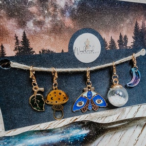 Crochet Stitch Marker Set, midnight forest markers, mushroom, moon, moth, stars, leaf