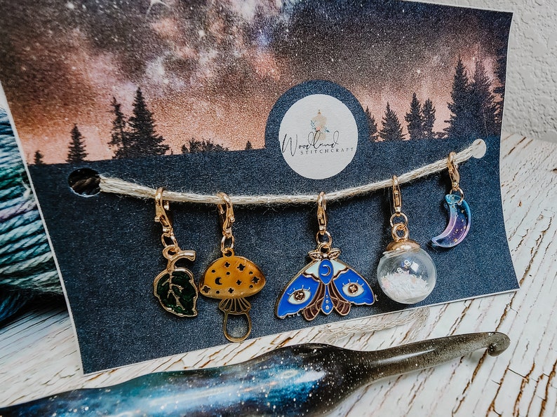 Crochet Stitch Marker Set, midnight forest markers, mushroom, moon, moth, stars, leaf image 1