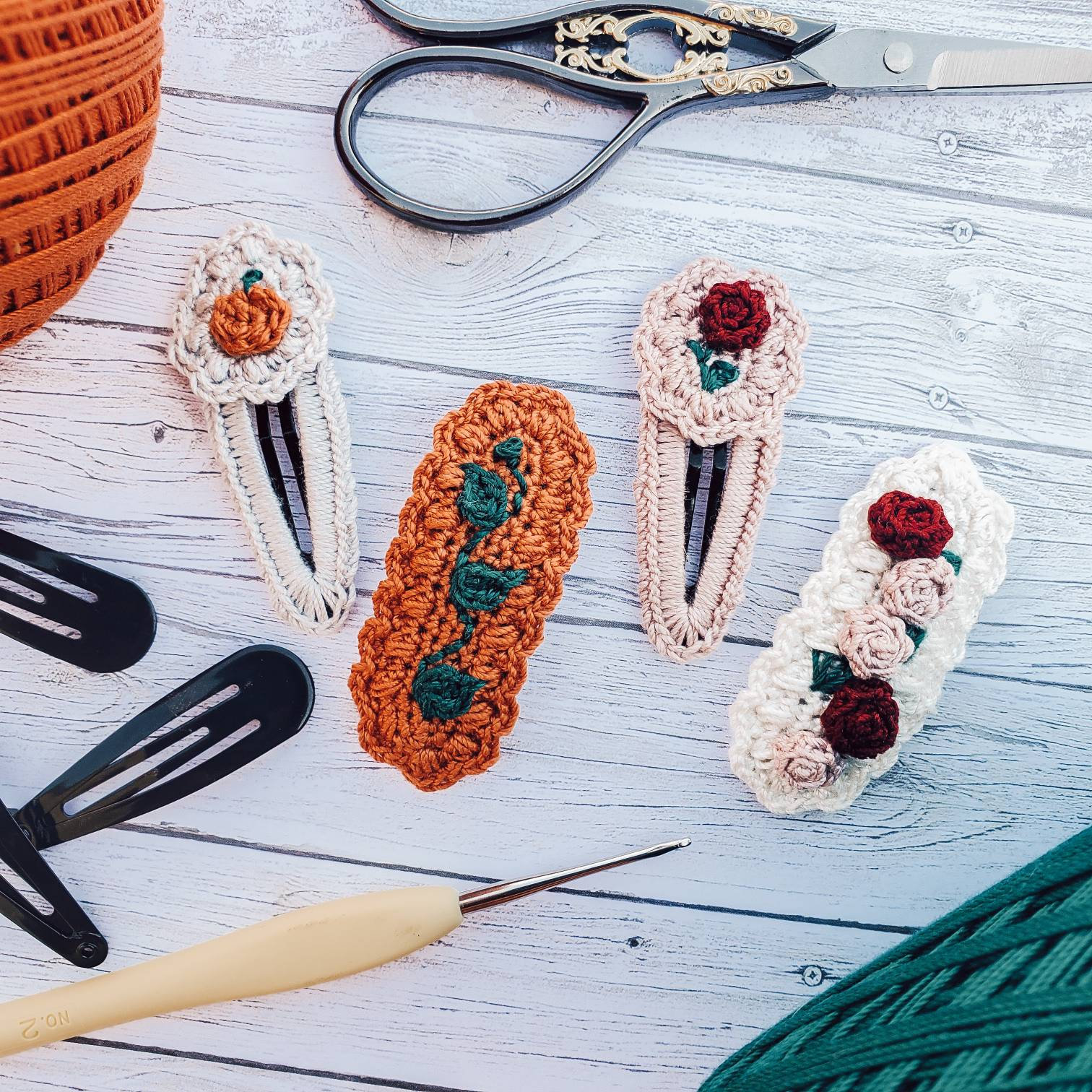 36 Crochet Hair Clips with Sunflowers, Bows, Flowers, and Fruit 23 Crochet Hairclip Pattern crochet clip