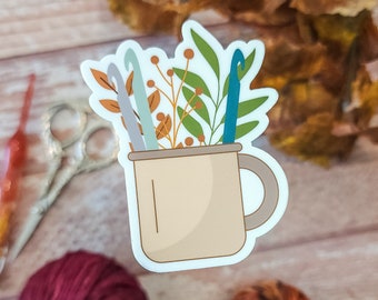 Crochet Hook Mug Sticker: Weatherproof Laptop Decal