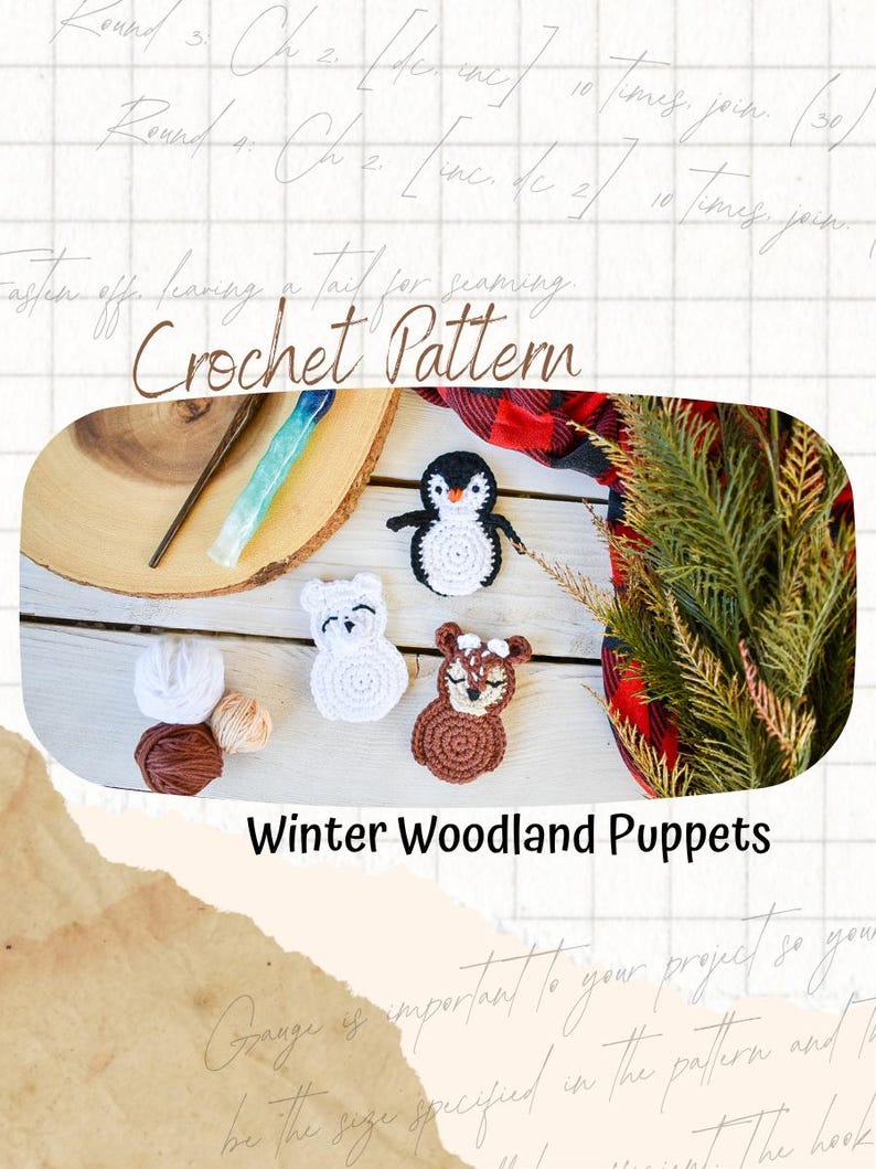 May include: Three small crocheted animal puppets including a black and white penguin, a white bear, and a brown deer. The set includes three small balls of yarn in white, tan, and brown, along with a crochet hook and a wooden slice.