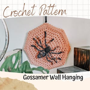 May include: A crocheted wall hanging with a spider design. The spider is black and gray, with long legs, and is centered on a peach-colored, hexagonal background. The text "Crochet Pattern" and "Gossamer Wall Hanging" are visible.
