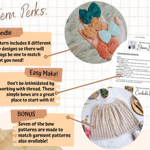 May include: A digital image showing a crochet pattern for a bow. The image includes a close-up of a hand holding several crocheted bows in different colors. The image also includes a text overlay with the words "Pattern Perks: Bundle, Easy Make!, Bonus" and descriptions of the pattern.