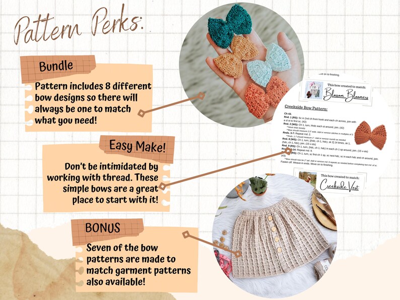 May include: A digital image showing a crochet pattern for a bow. The image includes a close-up of a hand holding several crocheted bows in different colors. The image also includes a text overlay with the words "Pattern Perks: Bundle, Easy Make!, Bonus" and descriptions of the pattern.