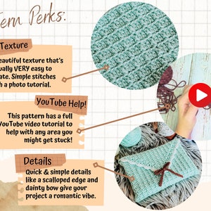 May include: A crochet pattern for a light blue and brown crocheted clutch with a scalloped edge and a bow. The pattern includes a photo tutorial and a YouTube video tutorial. The text "Pattern Perks: Easy Texture, YouTube Help!, Details" is on the image.