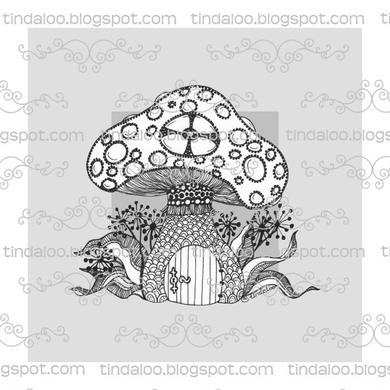 Whimsy doodle mushroom house digital stamp lineart image  etsy