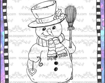 Doodle Snowman with a heart - Digital stamp lineart images