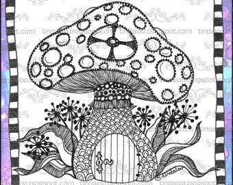 Whimsy Doodle Mushroom house - Digital stamp lineart image
