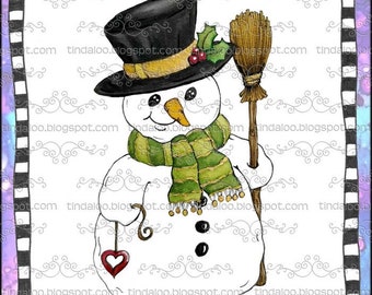 Doodle Snowman with a heart PRE-COLORED version - Printable Digital Art