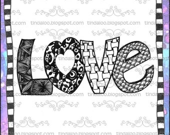 Love Doodle WordArt - Digital stamp lineart image