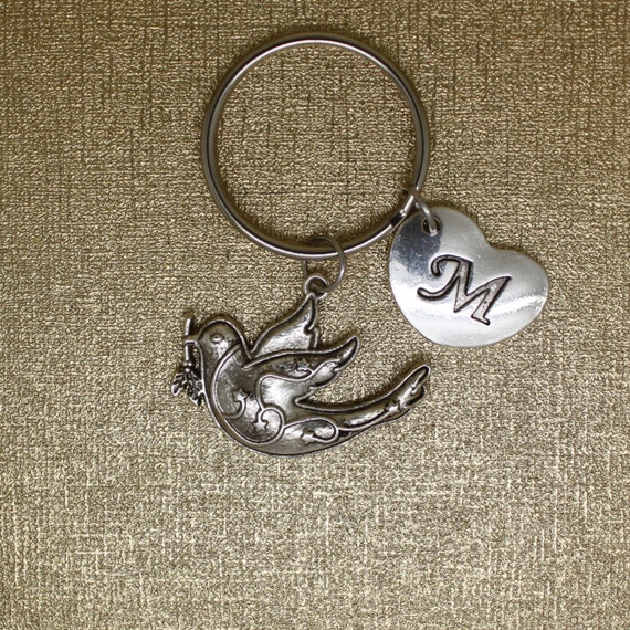 Dove Of Peace Keychain Peace Initial Keychain Silver Bird Etsy