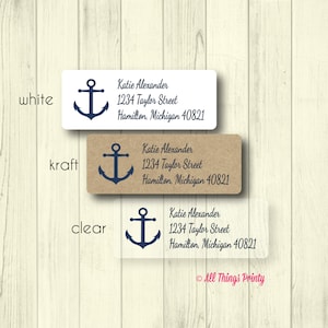 Anchor Address Labels - Custom Everyday Personalized Nautical Navy Blue Return Mailing Stickers - Matte White, Kraft, or Clear Gloss