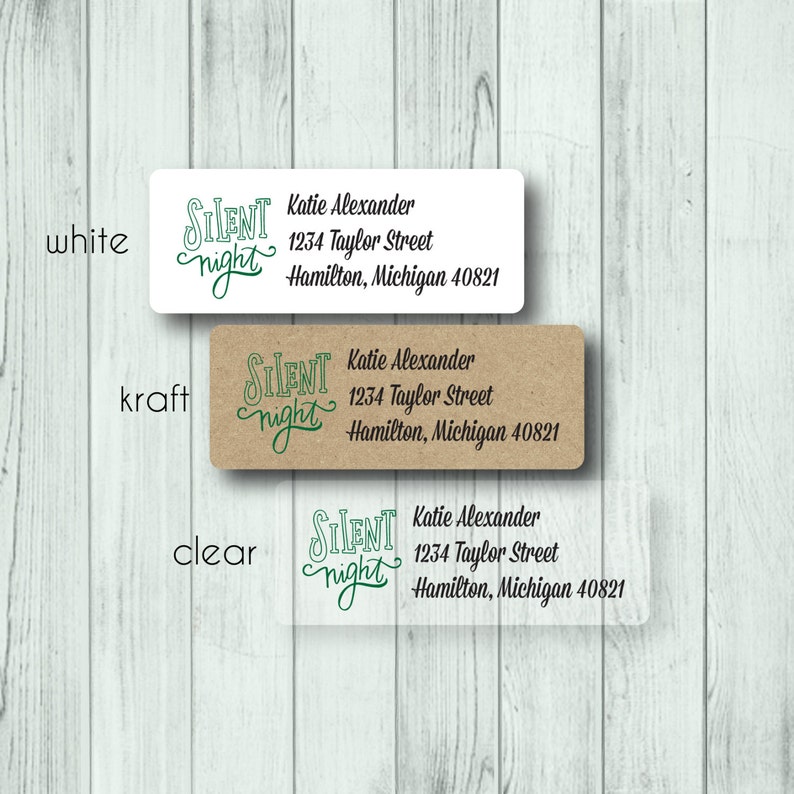 or Clear Labels Silent Night Kraft Custom Return Address Stickers Green Red or Blue Design Christmas Address Labels White