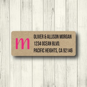 Cute Pink & Black Initial Custom Return Address Labels - Personalized Fun Printed Labels - Matte White or Clear Gloss