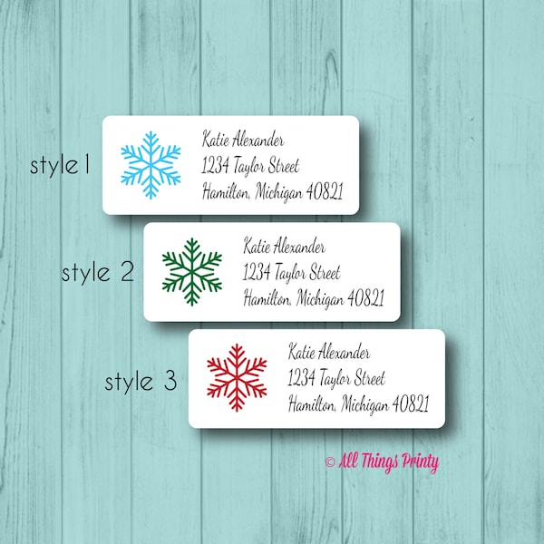 Custom Snowflake Return Address Labels - Personalized Christmas Seasonal Mailing Labels - Matte White or Clear Gloss - 3 Different Styles