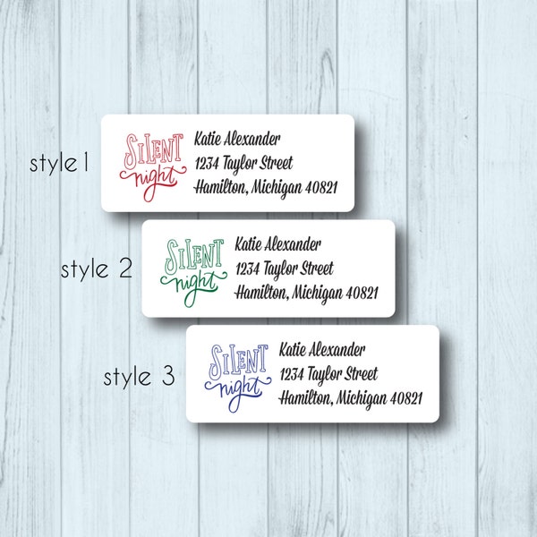 Christmas Address Labels - Custom Return Address Stickers - Silent Night - Red, Green, or Blue Design - White, Kraft, or Clear Labels