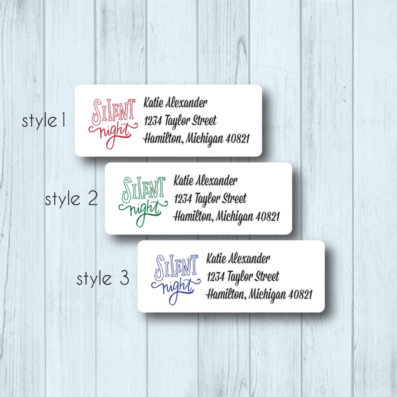 or Clear Labels Silent Night Kraft Custom Return Address Stickers Green Red or Blue Design Christmas Address Labels White