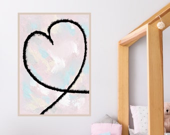 Heart Line Art, Blush Pink and Blue Abstract Art, Baby Room Decor, Kids Room Decor, Tween Room Decor, Printable Heart Design