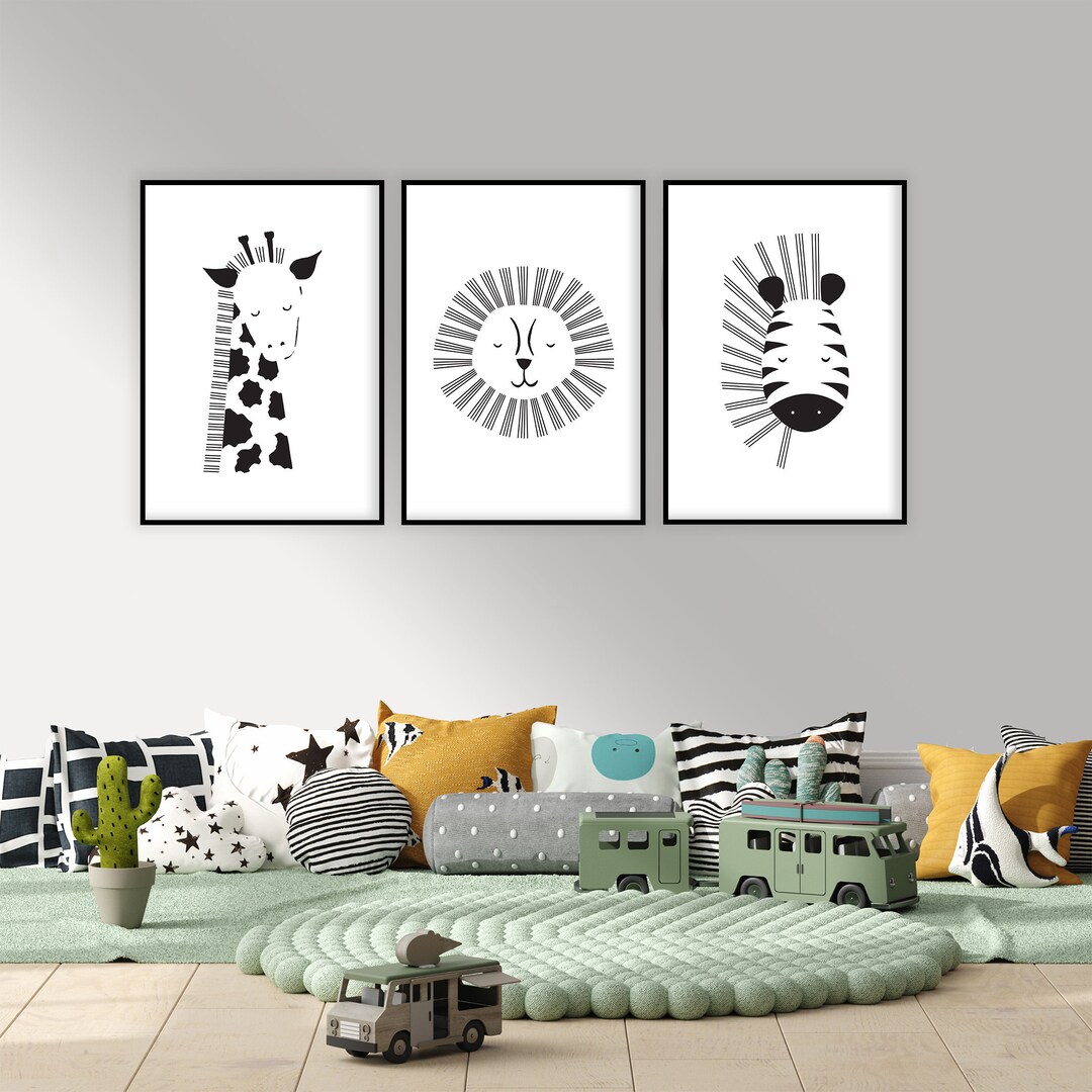 Set of 3, Safari Animal Printable's, Black and White Prints, Baby Gift ...