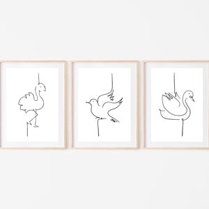 Set of 3, Line Art, Bird Art, Flamingo, Swan, Minimalist Art, Printable
