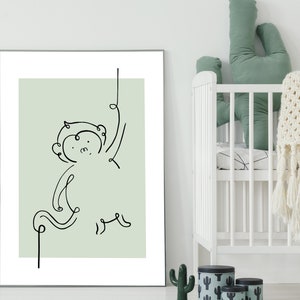 Animal Line Drawing, Monkey Line Drawing, Minimalist Baby Room, Monkey Nursery Print, Safari Animal Baby Room, Printable Baby Room Decor