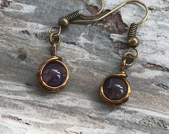 Antique Amethyst Wire Wrapped Earrings Natural Stone Jewelry Healing Crystals and Stones Amethyst Jewelry Handmade Earrings Crystal Earrings
