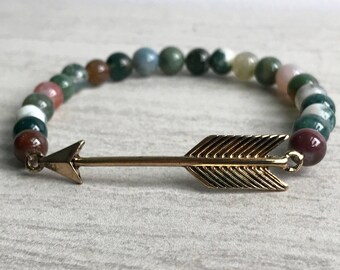 Fancy Jasper Bracelet Gold Arrow Beaded Bracelet Healing Crystals and Stones Zodiac Jewelry Gemstone Beads Stretch Bracelet Meditation Stone