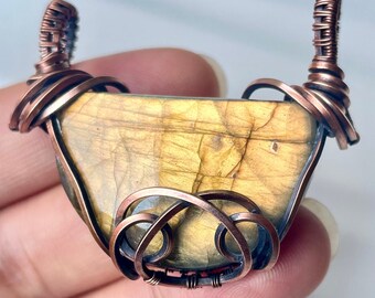 Gold Labradorite Wire Wrapped Pendant in Antiqued Copper Wire Healing Jewelry Healing Crystals and Stones Natural Labradorite Necklace Gem