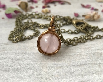 Antique Rose Quartz Necklace Handmade Wire Wrapped Jewelry Healing Crystals and Stones Rose Quartz Jewelry Beaded Necklace Gem Gift For Her