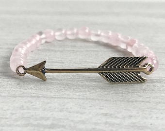 Rose Quartz Bracelet with Arrow Charm Beaded Bracelet Healing Crystals and Stones Rose Quartz Jewelry Gift For Her Handmade Beaded Bracelet