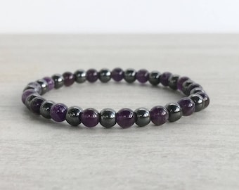 Amethyst and Hematite Beaded Stretch Bracelet Healing Crystals and Stones Natural Birth Stone Jewelry Zodiac Crystals Semi Precious Gemstone