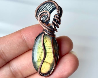 Gold Labradorite Wire Wrapped Pendant in Antique Copper Handmade Healing Jewelry Healing Crystals and Stones Genuine Labradorite Necklace