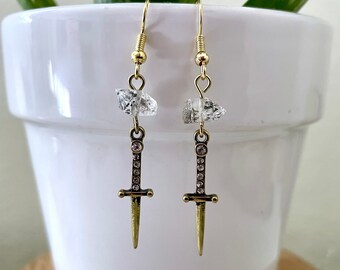 Silver and Gold Herkimer Diamond Dagger Earrings Herkimer Diamond Jewelry Diamond Earrings Witchy Jewelry Sword and Daggers Healing Crystals